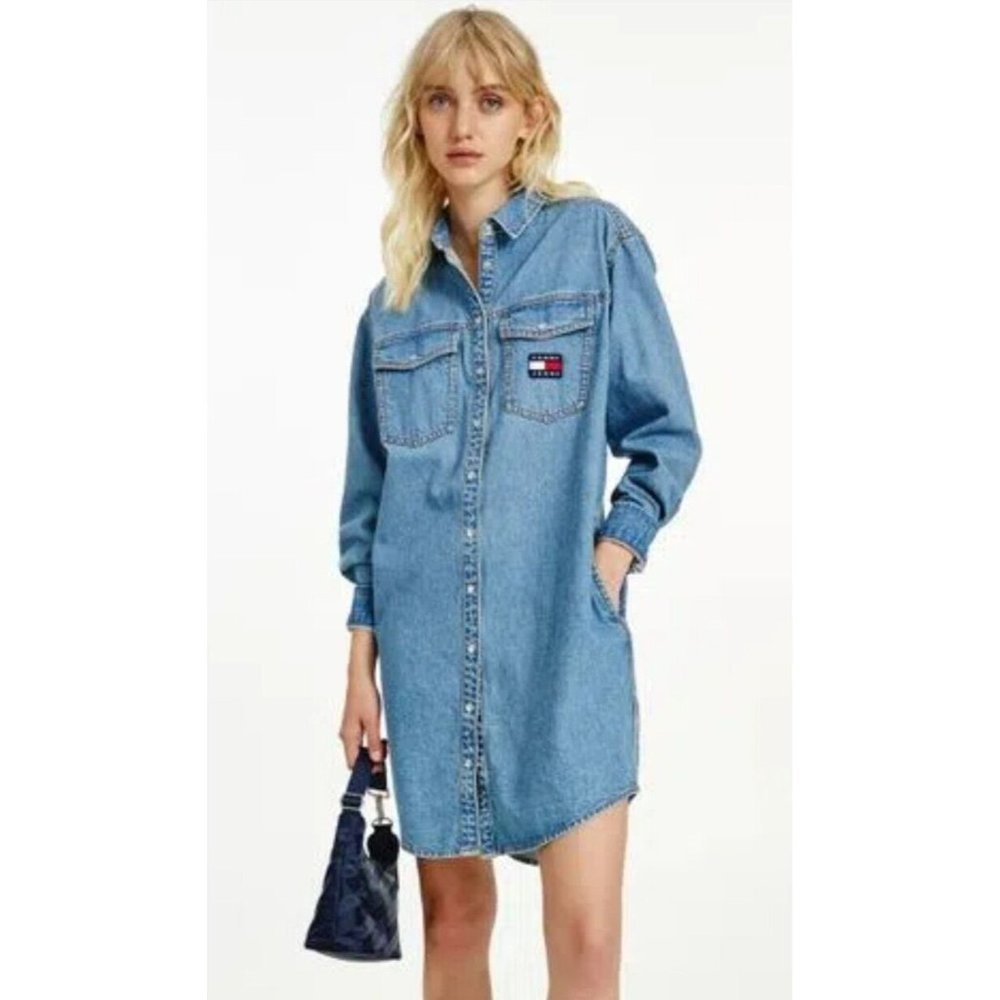 Tommy Hilfiger Denim Blue Jean Shirt Dress Jacket Snap Button Women's Size S NWT